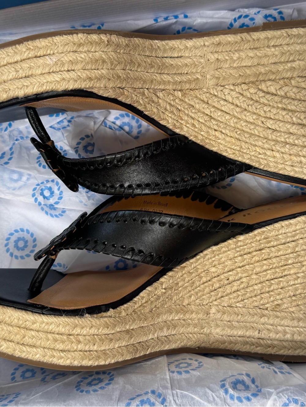 Black Leather Espadrille Wedge Sandals - Women8.5